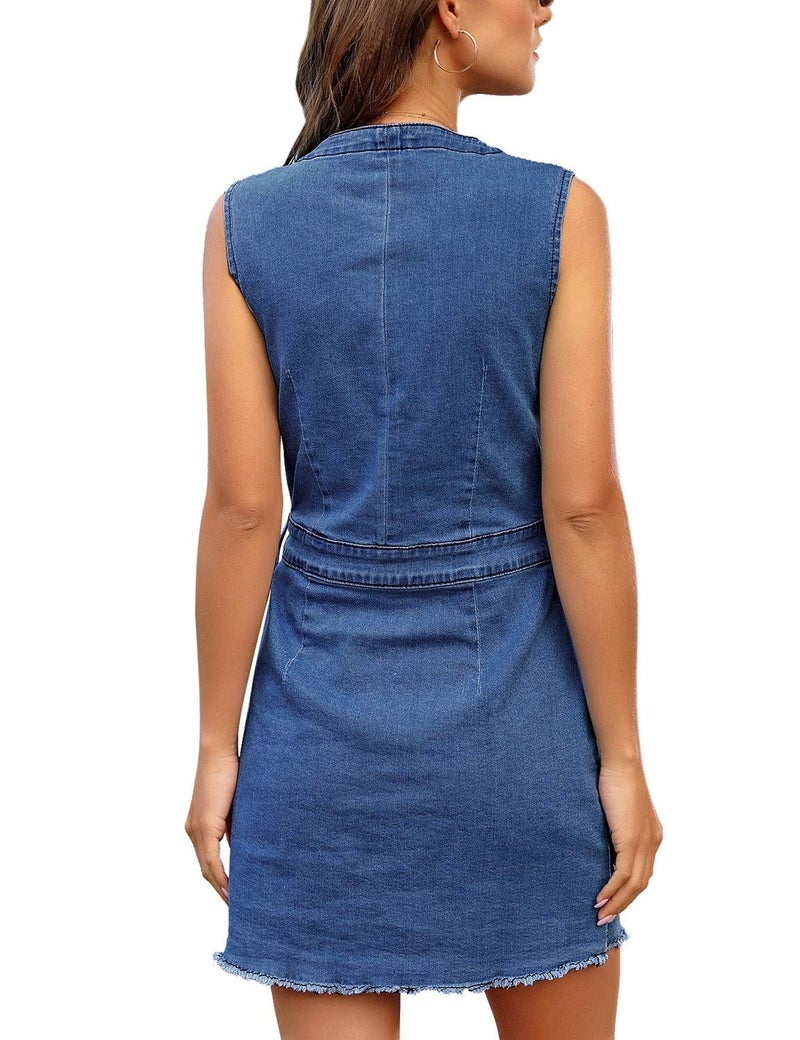 LookbookStore Short Denim Dress for Women Summer Dark Blue Sleeveless V-Neck Casual Dress with Pockets Frayed Raw Hem Size S - Image 2